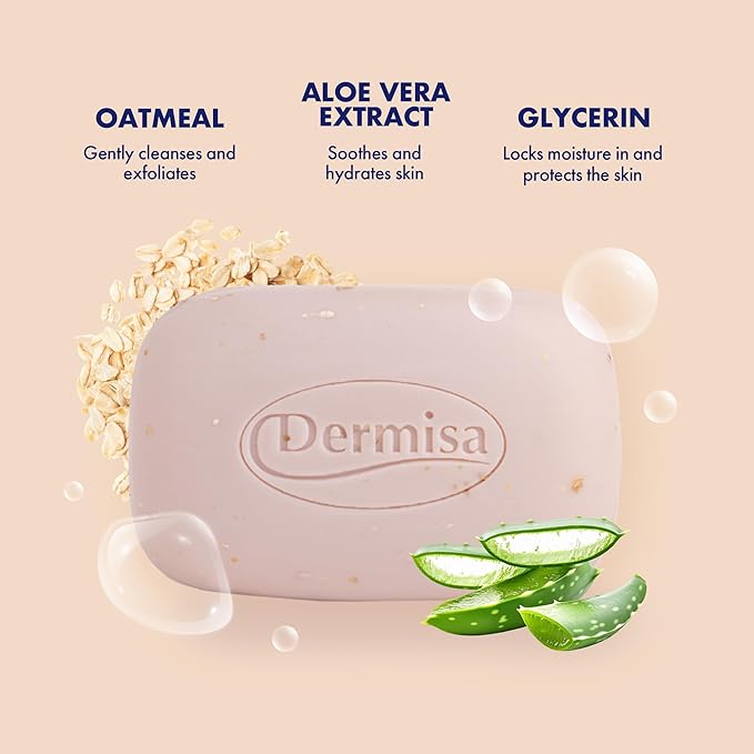 Dermisa Oatmeal Bar with Colloidal Oatmeal and Soothing Aloe Vera - Gently Exfoliating Face and Body Soap for Sensitive and Dry Skin - 3.0 Oz