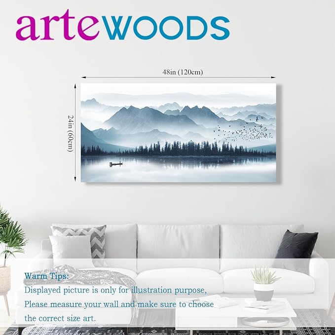 arteWOODS Indigo Canvas Wall Art Misty Mountain Wall Pictures Foggy Lake Boat Painting Prints Forest Birds Artwork Wall Decor for Living Room Wall Decorations Framed Ready to Hang 24" x 48"