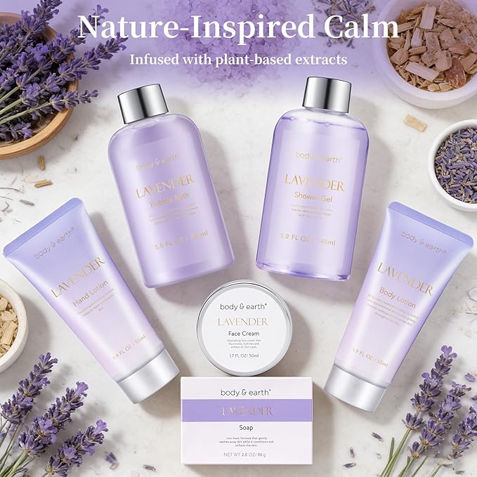 BODY & EARTH Bath and Body Gift Set - 6 Pcs Lavender Bath Kit for Women Spa Set, Birthday, Mother's Day Gift Set for Women Includes Bubble Bath, Shower Gel, Body Lotion