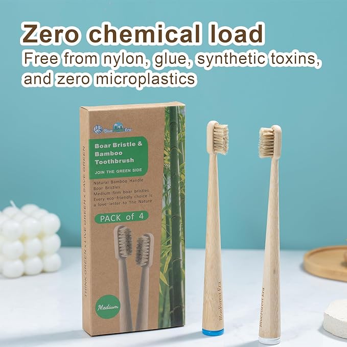 BlueForest Era 4 Pack Boar Bristles & Bamboo Toothbrush, Premium Natural Boar Bristle Toothbrushes for Adult, Plastic & Nylon Free, Fully Biodegradable Compostable Bamboo Tooth Brushes