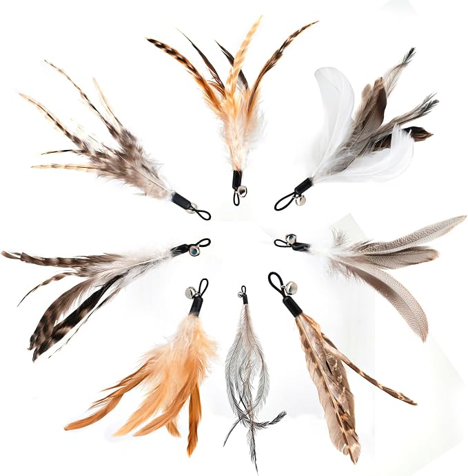 miwoowim 8PCS Natural Unstained Feather Refills for Cat Teaser Wand Toys | Handcrafted, non-toxic attachments with bells. Standard replacement fits most wands easily.interactive kitty teaser heads