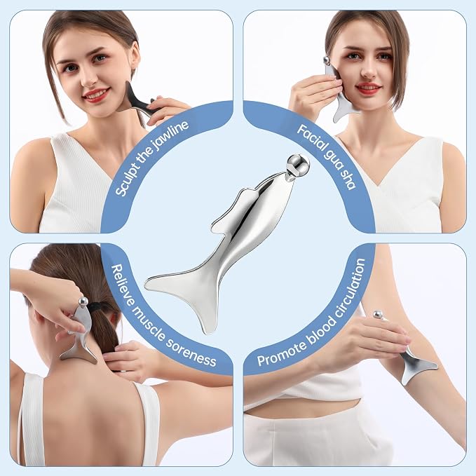 5-in-1 Gua Sha Facial Tools,Fish Guasha Massage Tool for Face&Body, Facial Roller Massager for Lymphatic Drainage &Jawline Sculpting & Puffiness Reducing,Gua Sha Muscle Scraper Tool,TMJ Relief Tool