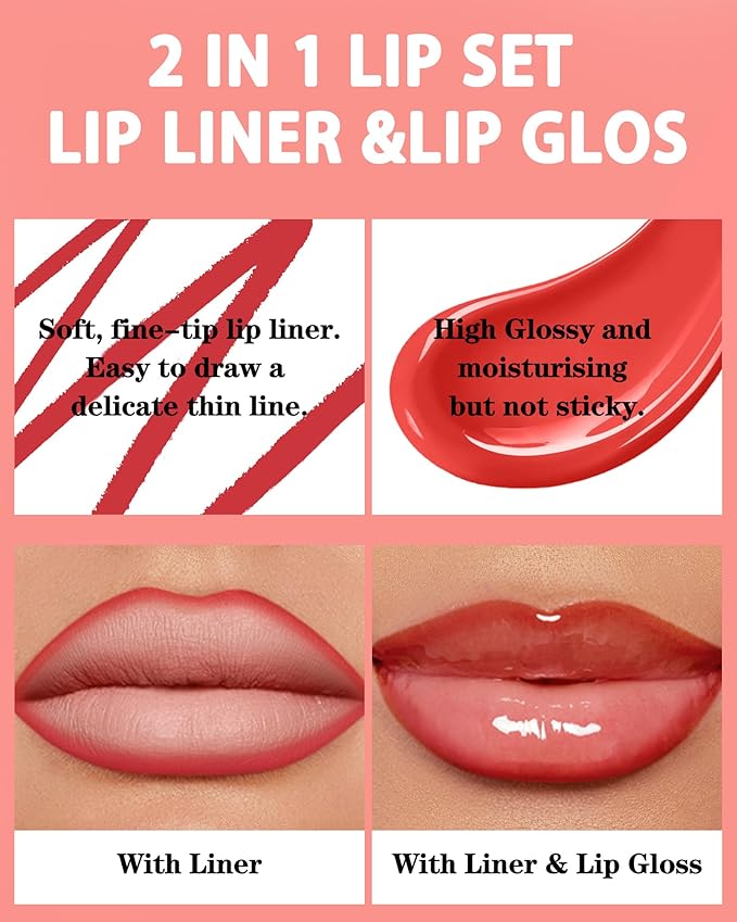 Matte Nude Lip Liner Red Lipstick&Hydrating Glow Lip Oil Lip Combo Set,Moisturizing Plumping Lips Gloss&Smooth Lipliner Liquid Lipstick Long-Lasting,2 in 1 Women Tinted Liptint Stain Balm Makeup-10