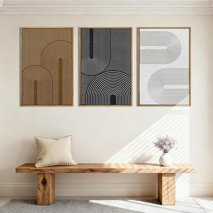 Extra Large Abstract Modern Wall Art Framed Dark Wall Painting Neutral Print Decor for Living Room Bedroom 24x36 Inches Set of 3