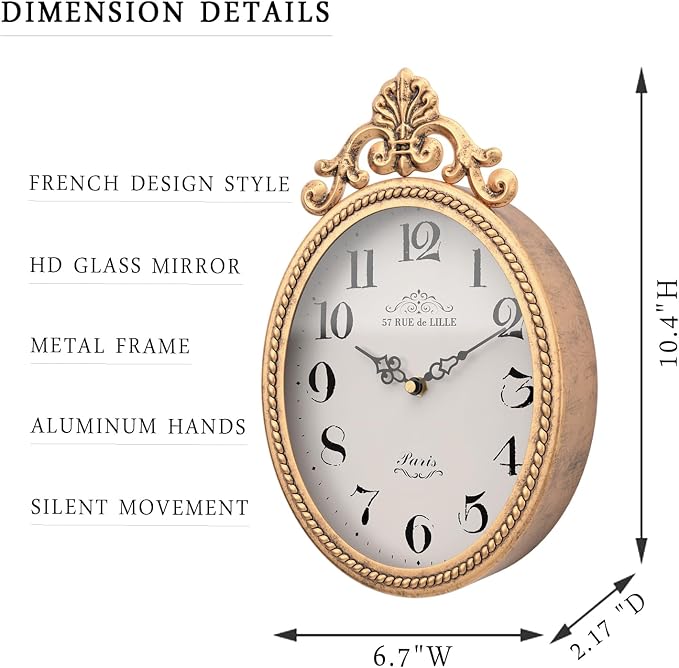 Abdurey Small French Retro Decor Wall Clock,Antique Gold Vintage Oval Style | Silent Battery Operated Boho Decorative Wall Clocks for Farmhouse,Kitchen,Bedroom,Bathroom(10.4"H x 6.7"W)