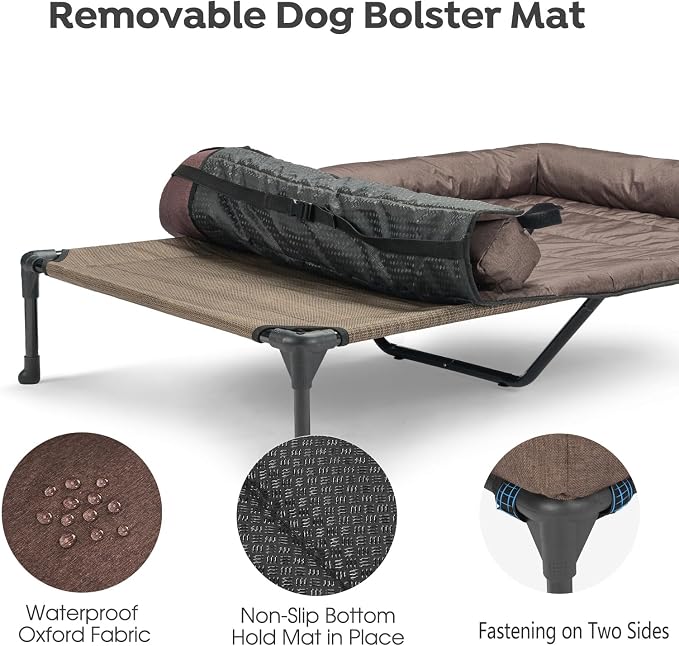 Veehoo Outdoor Elevated Dog Bed with Waterproof Bolster Cushion, Cooling | Raised Dog Bed with Removable & Washable Mat Topper, Breathable Mesh, Dog Couch Cot for Indoor Outdoor, 49", Large, Brown
