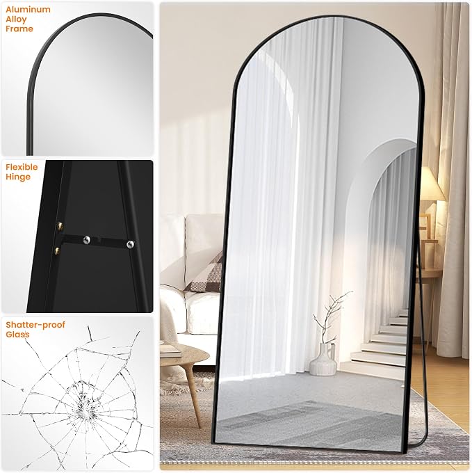 Arched Full Length Mirror, 75"x35" Standing Body Mirror for Wall, Black | Built-in Stand, HD Shatterproof Glass, Aluminum Alloy Frame, Hanging or Standing, for Bedroom, Living Room & Dressing Room