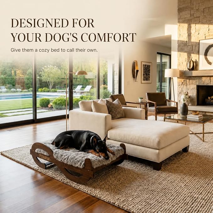 Wooden Elevated Dog Bed with Plush Mattress,L, Up to 80 lb | Raised Dog Bed Furniture with Walnut GrainPattern Frame, Designer Pet Sofa for Indoor Home Decor