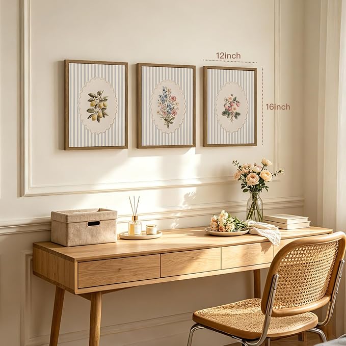 OPFDE Wood Framed Vintage Botanical Wall Art Set of 3, Embroidered Wildflower Lemon Strawberry Poster Prints, Blue Stripe Farmhouse Wall Decor, Cottagecore Floral Artwork for Kitchen 16x24 Inch