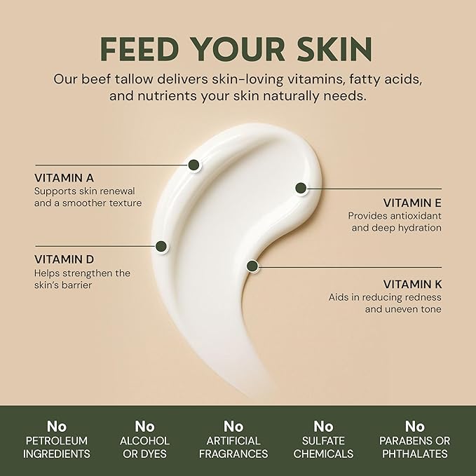 Beef Tallow for Skin Care - 100% Grass Fed Grass Finished - with Organic Jojoba, Prickly Pear, Rosehip, Tamanu Oils, Neroli, Vanilla & Manuka Honey - 3oz