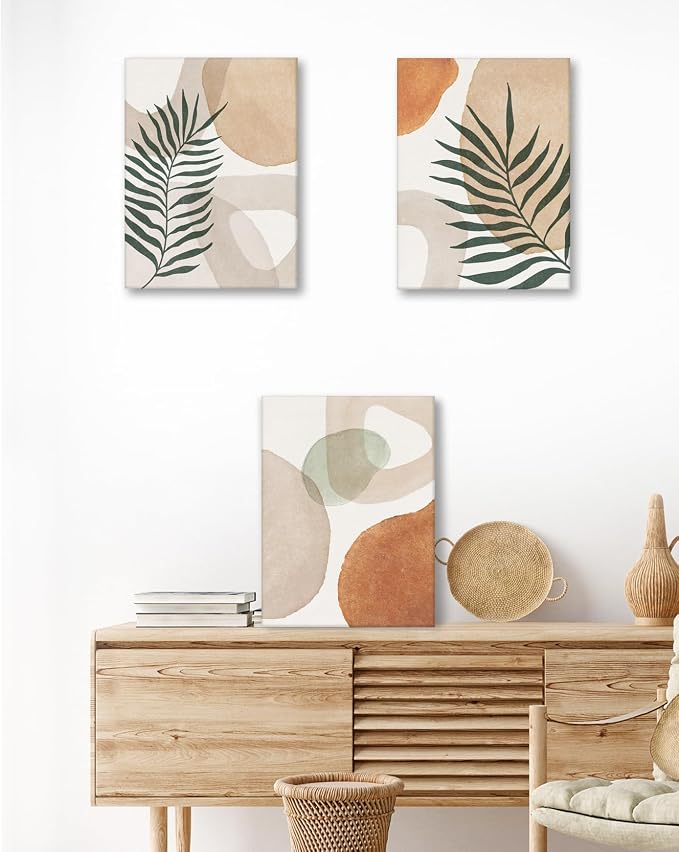 HesenDot Abstract Botanical Wall Art Set of 3, 40x60CM Neutral Plant Framed Canvas Prints, Beige Green Boho Aesthetic Wall Decor for Living Room Bedroom Bathroom Office Home