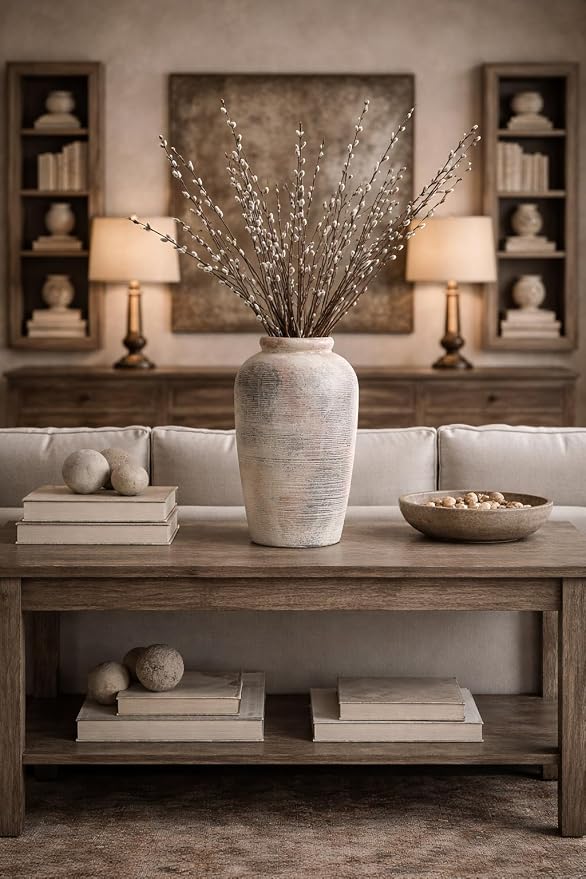 Emotionally Grounded Vase, Vaseking Large Ceramic Rustic Vase, 11 inch Minimalist Decorative Farmhouse Tall Vases for Home Decor, Living Room, Enterway, Table Decoration, Fired Terra Clay