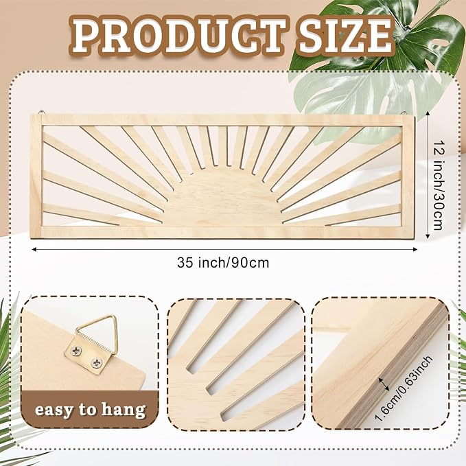 Burbell Horizontal Sun Wall Art 35"x12" Boho Wooden Room Decor,Wood Color | Long Panoramic Sun Art Above Bed, Vintage Bohemian Design, Carved Hollow Frame, Farmhouse Decor for Living Room Bedroom