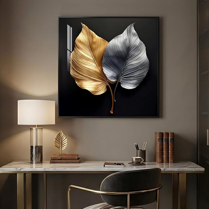 Framed Modern Elegant Wall Art, Black Gold and Silver Leaf Prints Paintings Artwork for Walls, Contemporary Luxury Picture for Bedroom, Dining Room, Lounge, Office, Living Room Wall Decor 24x24 In