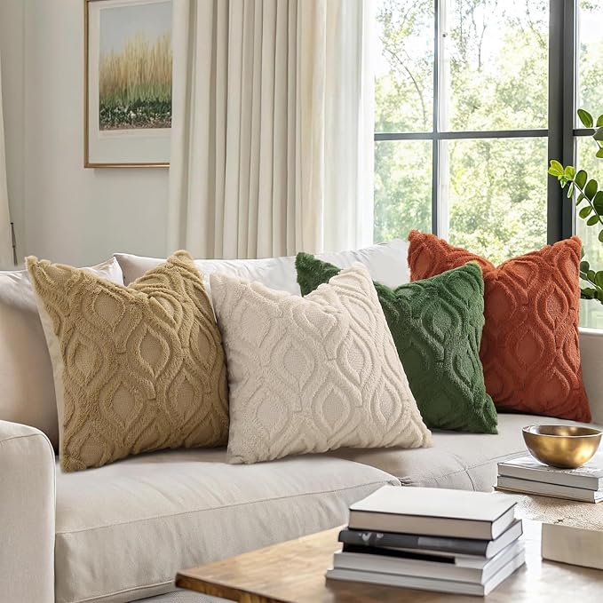 decorUhome Faux Fur Plush Soft Beige Throw Pillow Covers 12x12 Set of 2 | Wool Solid Fall Couch Pillow Covers, Accent Modern Farmhouse Neutral Decorative Square Pillow Cases for Sofa Bed Living Room