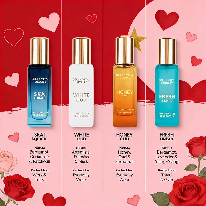 Bellavita Luxury Unisex Perfume Gift Set with Honey Oud, White Oud, Skai, and Fresh | 80ml | Perfume for Men and Women | Honey, Artemisia Lemon, Bergamot, and Sweet Almond Notes | Women's Day Special