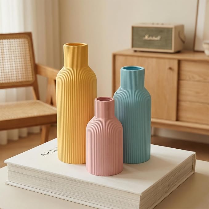 Colorful Ceramic Vases Set of 3, Matte Round Vertical Ribbed,Minimalist for Pampas Dried & Fresh Flowers, Centerpiece for Living Room, Shelf, Entryway, Wedding (Pink, Blue, Yellow)