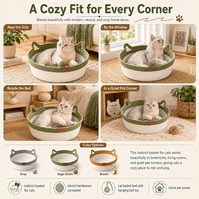 Instinct Basket for Cats - Handwoven Cotton Rope Enrichment Bed with Attached Toy Tail, Scratchable Interactive Pet Nest Features Flexible Walls to Fight Boredom & Protect Furniture (Grey & Mat, L)