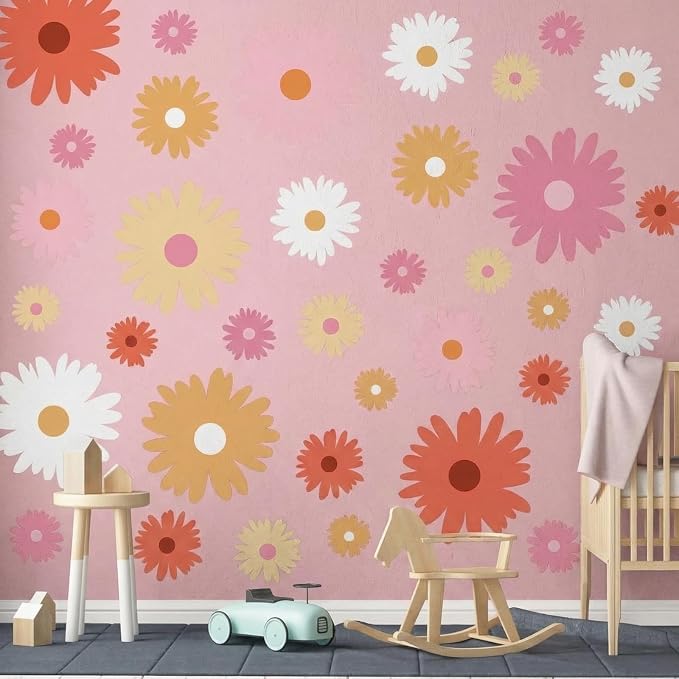 TaoBary 12 Sheet Daisy Wall Sticker Decal,Bright Color,Artsy Style | Big Flower Wall Sticker, Pink White Floral Decal, Daisy Bedroom Room Decor, Removable Peel and Stick, Nursery Home Wall Decor