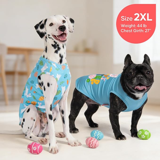 KYEESE 2Pack Easter Dog Shirt, Breathable Tank Top Sleeveless Dog T Shirts for Medium Large Dogs Boy Girl, Lightweight Dogs Clothes Pet Outfit for Holiday, Blue+Bunny, 2XL