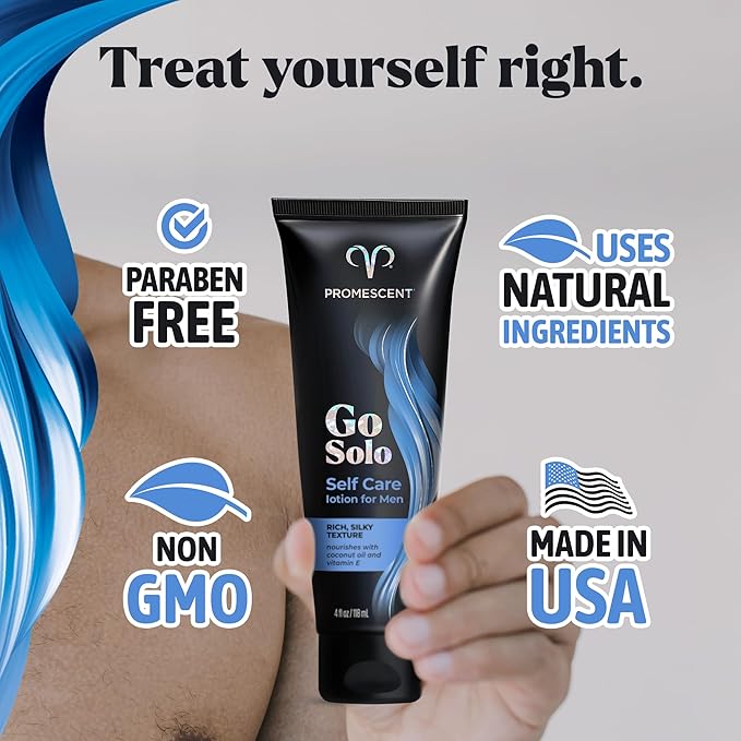 Promescent Go Solo Lotion for Men, Natural Unscented Moisturizing Ingredients with Coconut Oil and Sweet Almond Oil, Creamy Natural Texture, Fast-Absorbing, Made in The USA, 4 fl oz
