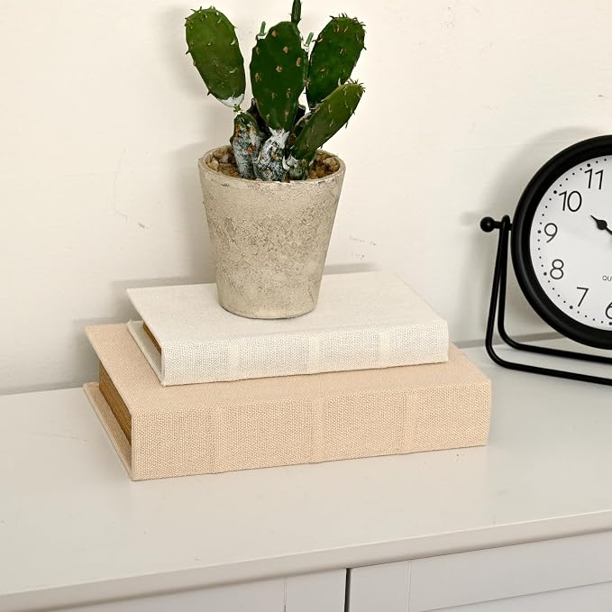 DECOR4SEASON Decorative Faux Book Storage Boxes Set of 2, Linen Fabric Textured Books, Off White, Modern Minimalist Home Decor, Bookshelf Accents for Coffee Table