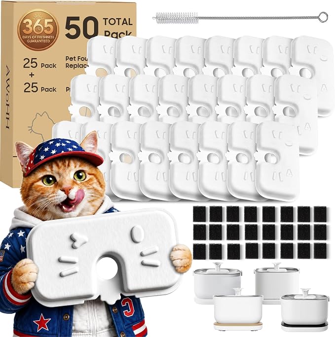 50+1 Pack Cat Water Fountain Filters Compatible with PETLIBRO Dockstream Water Fountain PLWF106/116/115/105/005, 1-year Set of Replacement Filters (25 Filters + 25 Sponges+1 Brush)
