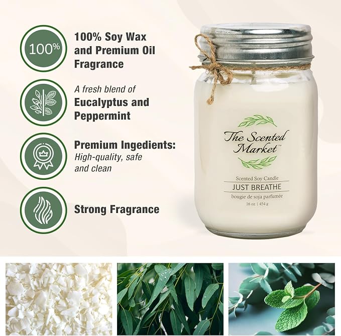 The Scented Market Aromatherapy Soy Wax Candle Just Breathe 16 oz Mason Jar, Over 100 Hours of Burn Time, Ideal for Your Home and Gift Giving.