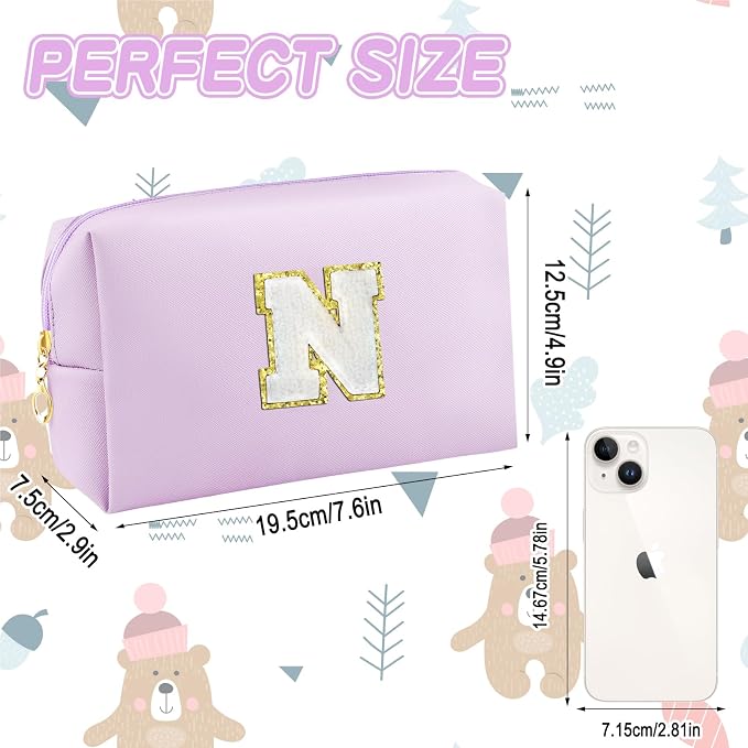 URSKYTOUS Gifts for Girls Initial Makeup Bag Personalized Cosmetic Bag with Zipper Cute Travel Toiletry Bag Waterproof PU Preppy Makeup Pouch Birthday Gift for Teen Girls Women(Purple N)