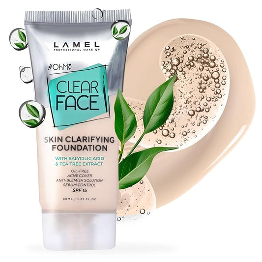 LAMEL Oh My Clear Face Full Coverage Foundation for Oily Skin, Salicylic Acid & Tea Tree Extract, Anti-Blemish Sensitive Skin Care, Organic & Oil-Free, 402 Deep Beige, 40 ml / 1.35 fl.oz
