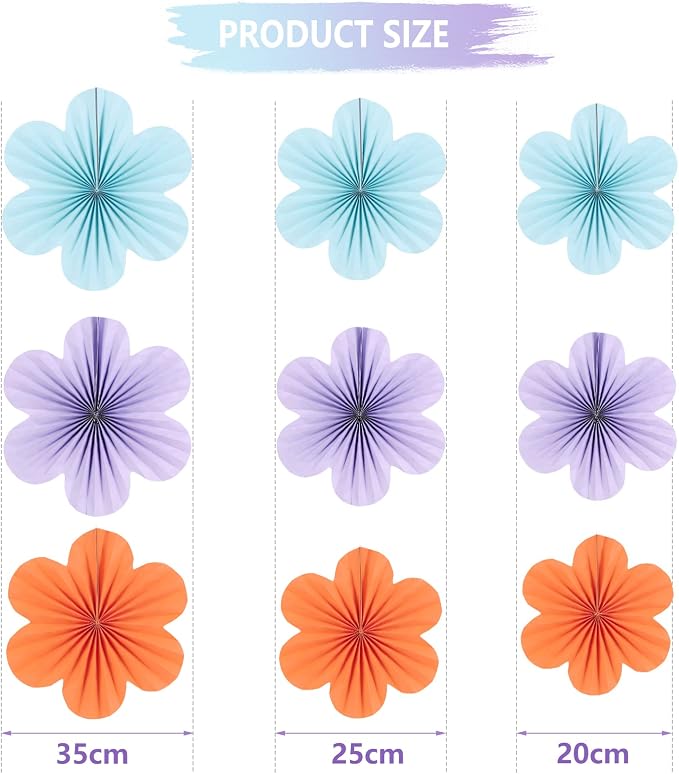 SUNBEAUTY 9 Pcs Paper Flowers Decorations for Wall, Blue and Orange for Wall Paper Flower Fan Classroom Decoration Paper Floral Backdrop Decor Paper Fans Decoration Hanging Paper Flower Wall Decor