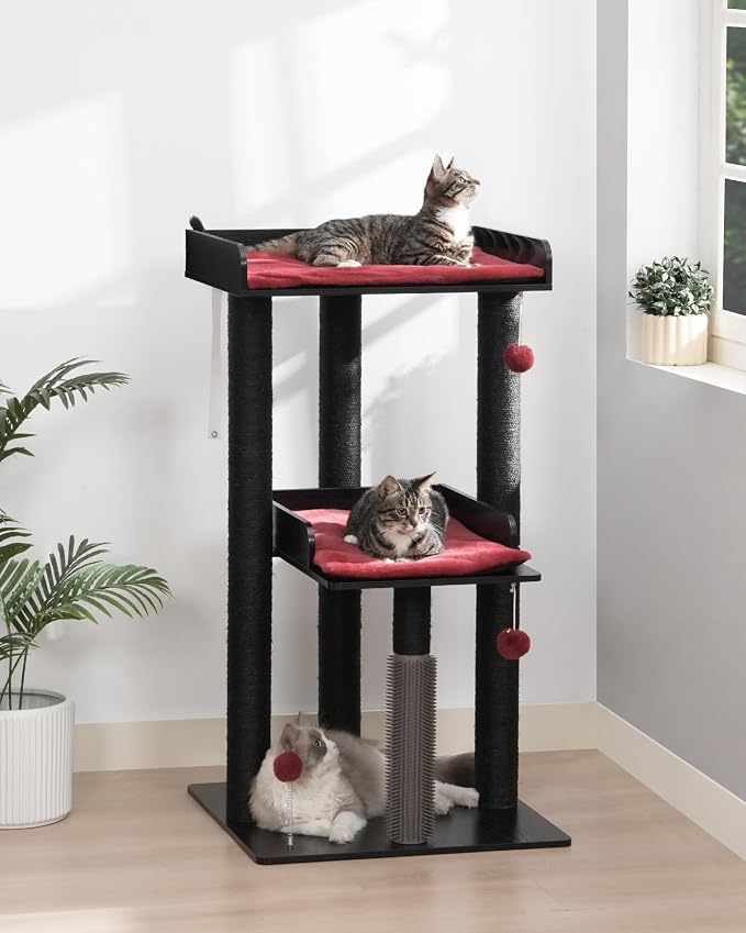 FourFurPets 43.7" Modern Cat Tree, Cat Tower for Large Cats, Wood Cat Tree | Maine Coon Cat Tree, Cat Tower with Scratching Post, Large Perch and Removable Pads, Black&Red