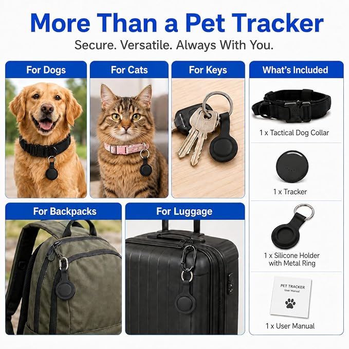 Pet GPS Tracker for Dogs, Compatible with Apple Find My(iOS Only), No Monthly Fee, IP67 Waterproof Anti-Lost Locator, 12-Month Battery, Includes Silicone Collar Holder & Tactical Dog Collar