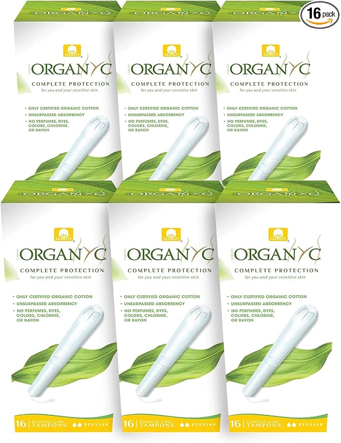 Organyc - 100% Certified Organic Cotton Tampons - Cardboard Applicator, Free from Chlorine, Perfumes, Rayon, and Chemicals, Regular Flow, 16 Count (Pack of 6).