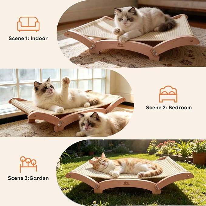 Extra-Large Sisal Cat Scratcher Bed for Indoor Cats, Cat Scratching Post with Hammock Nartural Sisal Scratch Pad for Large Cats Scratcher Lounge Chair, Wooden Cat Furniture (Nartural)