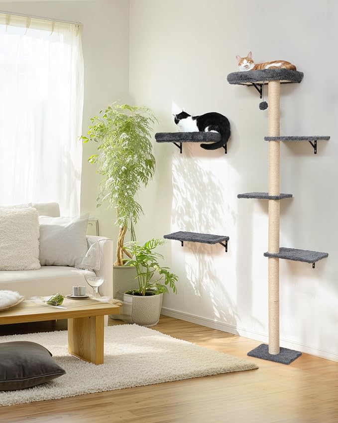 FUKUMARU Cat Wall Shelves Set, 70 inch Wall Mounted Tree, Grey | Kitten Scratching Post with Soft Cushion Perch, Space Saving Climbing Wall Furniture for 16 Inch Drywall
