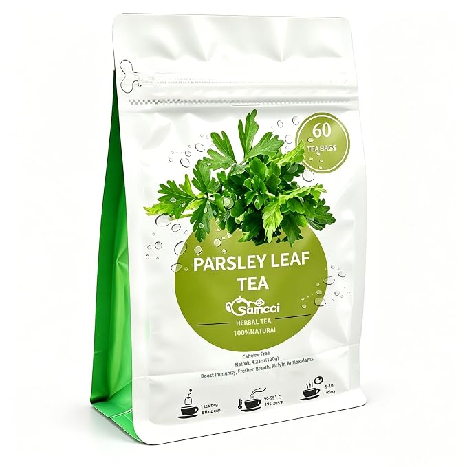 Samcci - Parsley Tea Bags - 60 Count (2g Per Bag) - 100% Natural Dried Parsley Leaves - Petroselinum Crispum - Non-GMO & Caffeine-Free - Plant-Based Corn Fiber Mesh Bags - Refreshing Herbal Infusion for Breath & Wellness