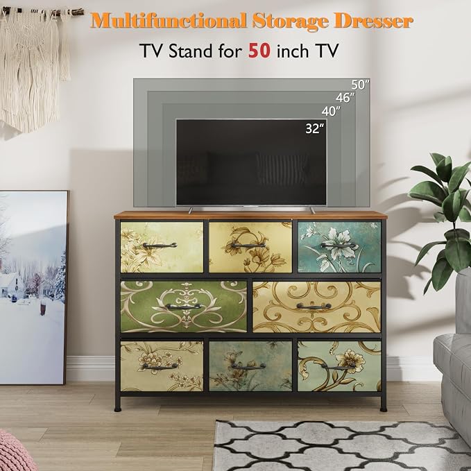 8 Drawer Dresser for Bedroom, Wide Vintage Fabric Chest of Drawers | Vintage Dresser for Closet, Fabric Storage Drawer Units, Retro Floral Dresser for Living Room, Hallway, Entryway, Wooden Top