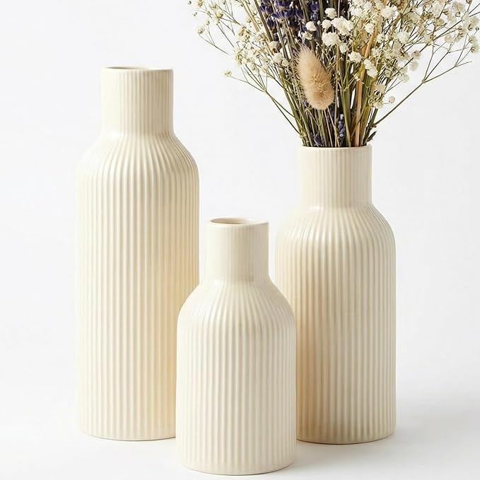 Beige Ceramic Flower Vases Set of 3, Modern Smooth Ribbed Texture, Nordic Minimalist Decor for Pampas, Dried & Fresh Flowers, Centerpiece for Living Room, Shelf, Entryway, Wedding