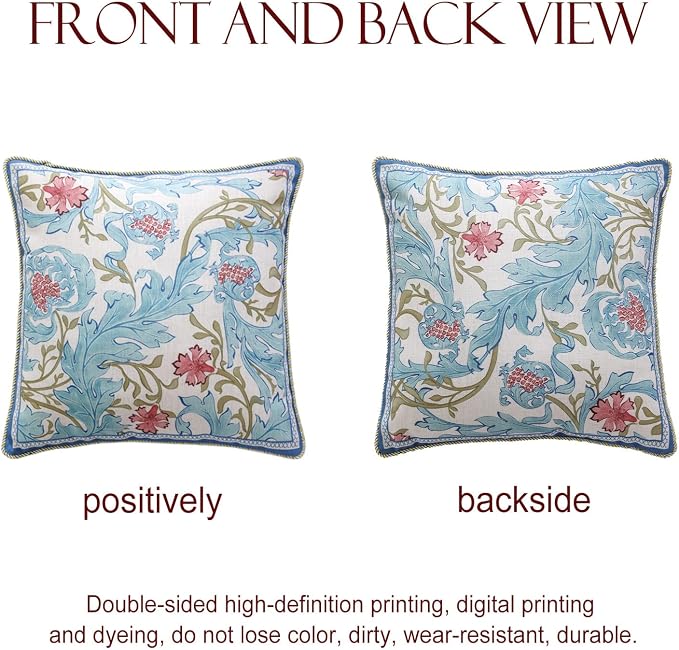 patdrea Designer Vintage Linen Throw Pillow Cover,18"x18"-Fromm A | Luxury Decorative Pillow Case with Zipper,Blue Floral Pattern,Pillow Cover for Couch Living Room Bedroom Sofa
