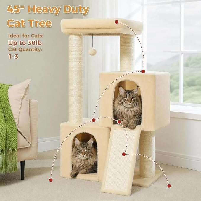 PAWZ Road Large Cat Tree, 45" Heavy Duty Cat Tower with Dual Condos, Beige | thick scratching posts(φ4.3"), 21"x21" spacious perch, large scratching ramp, dual condos for large&maine cats