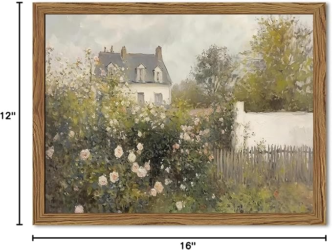 Framed Vintage Wall Art, Cottage Rose Garden Landscape Pictures Wall Decor Paintings, Rustic Spring Farmhouse Canvas Prints Aesthetic Home Decor for Living Room Bedroom Bathroom 12x16 inch