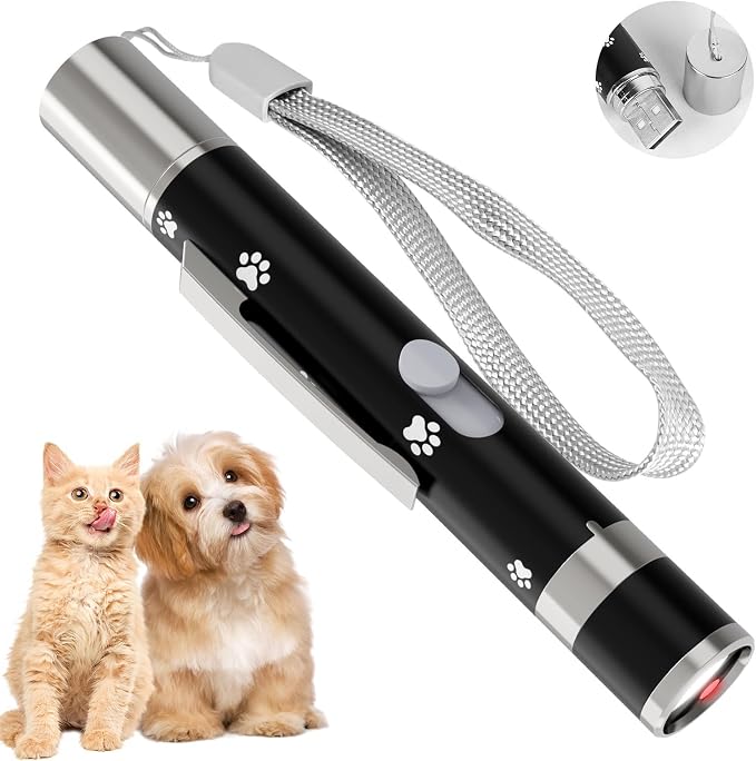 Cat Toy, Distinctive Black Painted Metal Casing with Paw Print Design, USB Rechargeable, 5 Adjustable Light Patterns, Portable Interactive Chase Toy for Indoor Cats & Dogs Training and Exercise