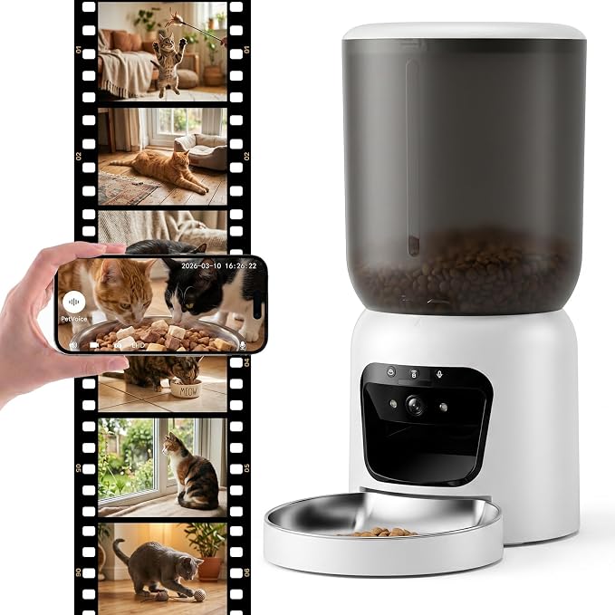 Automatic Cat Feeder with 2K Camera: 5G WiFi Auto Dog Feeder - 6L | Night Vision, Two-way Audio, Voice Recording, Smart APP Control, 304 Stainless Steel Bowl, Detachable for Easy Clean - White