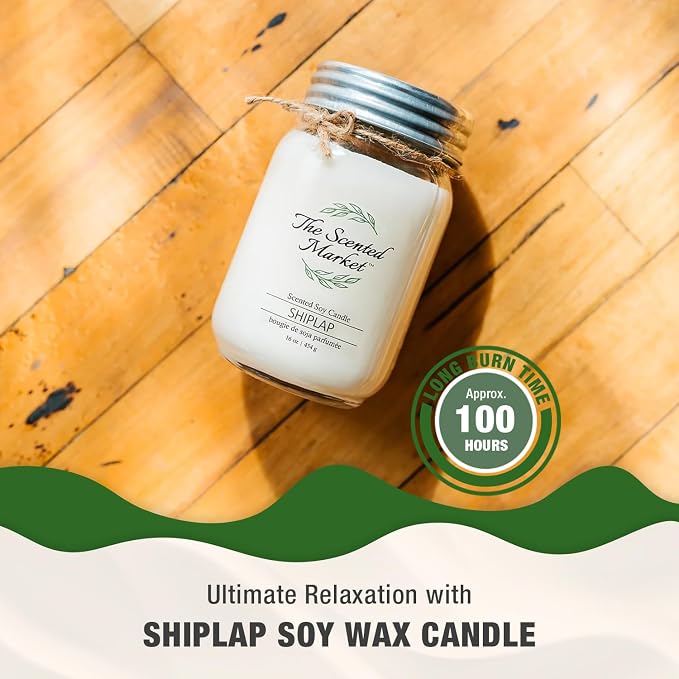 The Scented Market Aromatherapy Soy Wax Candle Shiplap 16 oz Mason Jar, Over 100 Hours of Burn Time, Ideal for Your Home and Gift Giving.