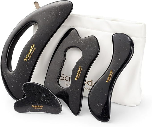 Scienlodic 4 Pcs Gua Sha Massage Tools for Face & Body (Black Gold, Resin) - Guasha Scraping Tool for Jawline Contouring, Puffiness Reduction, Neck, Back, Legs & Muscle Relaxation
