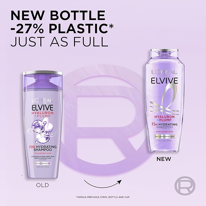 L'Oreal Paris Elvive Hyaluron Plump Hydrating Shampoo for Dehydrated, Dry Hair Infused with Hyaluronic Acid Care Complex, Paraben-Free, 12.6 Fl Oz