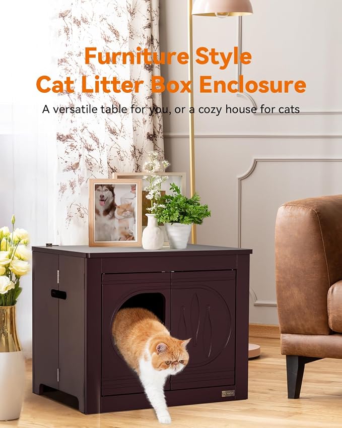 PETSFIT Cat Litter Box Enclosure, Unfold to Use, No Assembly Needed, Cat House & End Table, Fits Most Boxes (Espresso)