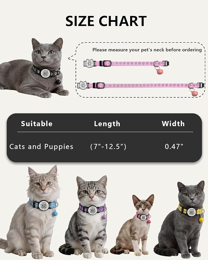 Smart QR Code Cat Collar 2-Pack: Your Cat's Digital Safety Profile, Breakaway Reflective Collar with Instant Email Alert When Scanned (Pink & Purple A)