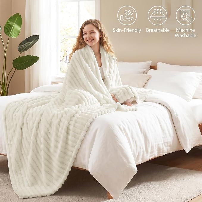 Cream White Blankets Queen Size for Bed, 90 x 90 Inch | 300GSM Ribbed Fleece Blanket, Soft, Cozy & Lightweight, OEKO-TEX Certified, All-Season for Bedrooms, Guest Rooms & Gifting